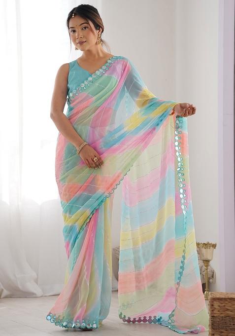Multi Colour Mirror Work Georgette Saree Set