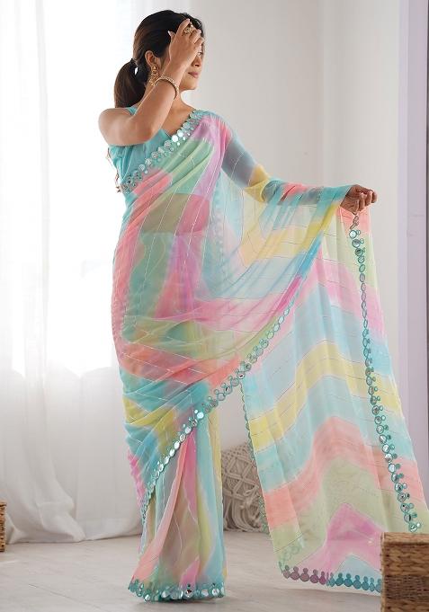 Multi Colour Mirror Work Georgette Saree Set