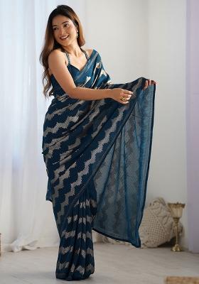 Petrol Blue Sequance Georgette Saree Set