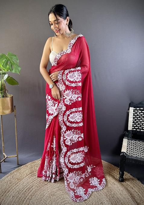 Red Embroidered Silk Saree Set 