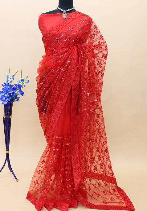 Red Embroidered Blended Saree Set 
