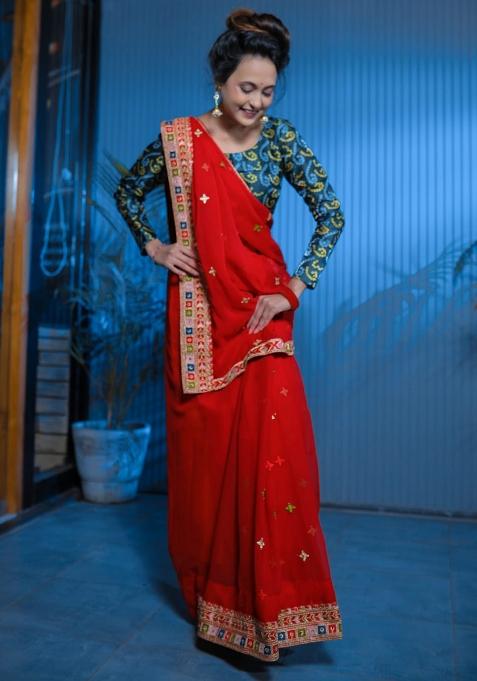Red Embroidered Georgette Saree Set 