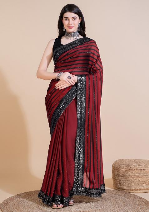 Red Embroidered Blended Saree Set 
