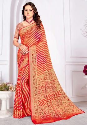 Orange Embroidered Blended Saree