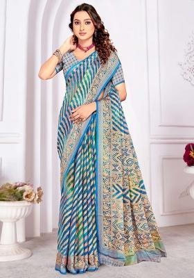 Blue Embroidered Blended Saree
