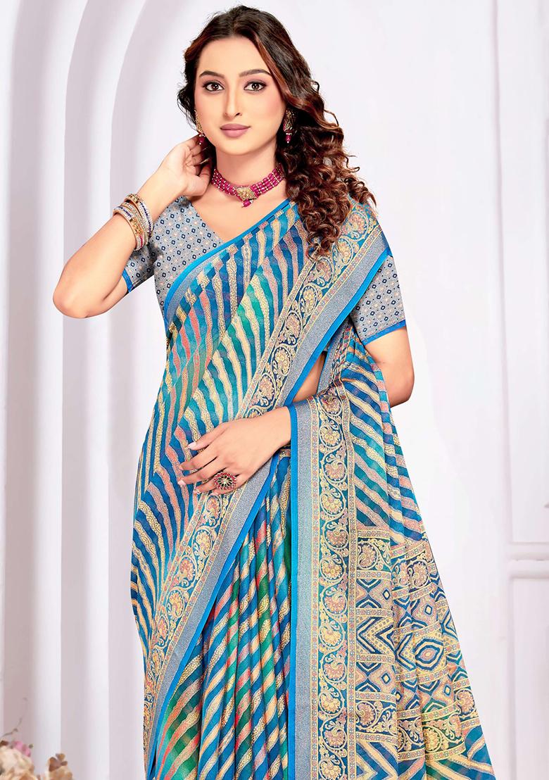 Blue Embroidered Blended Saree