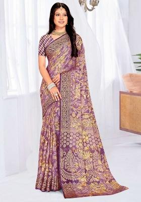 Purple Embroidered Blended Saree
