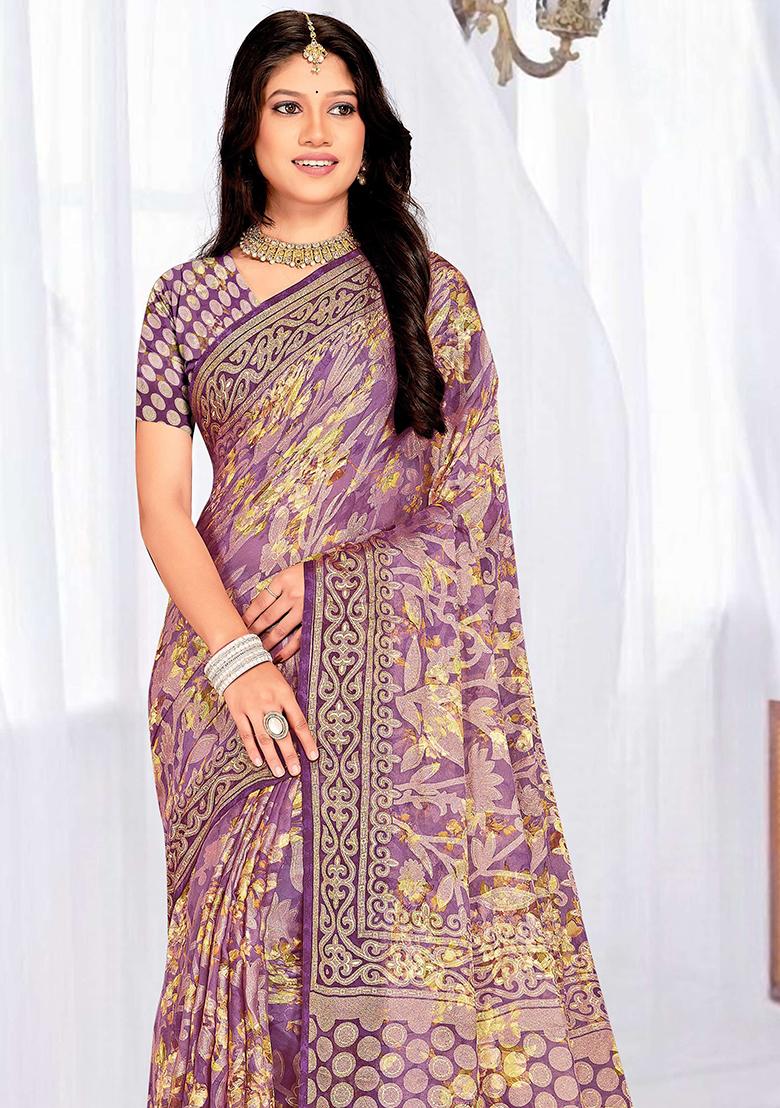 Purple Embroidered Blended Saree
