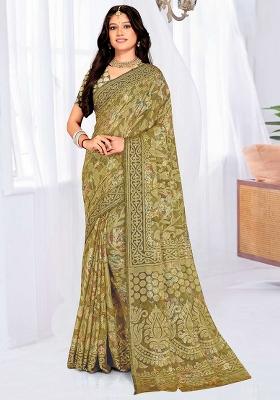 Green Embroidered Blended Saree