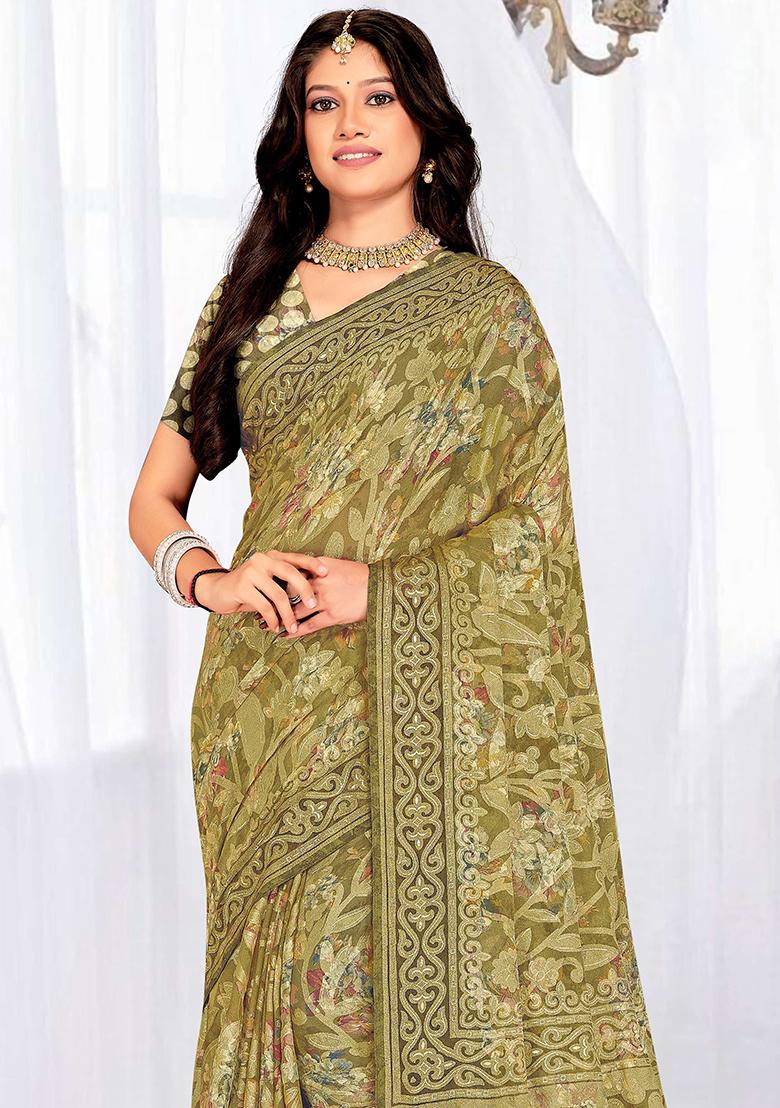 Green Embroidered Blended Saree