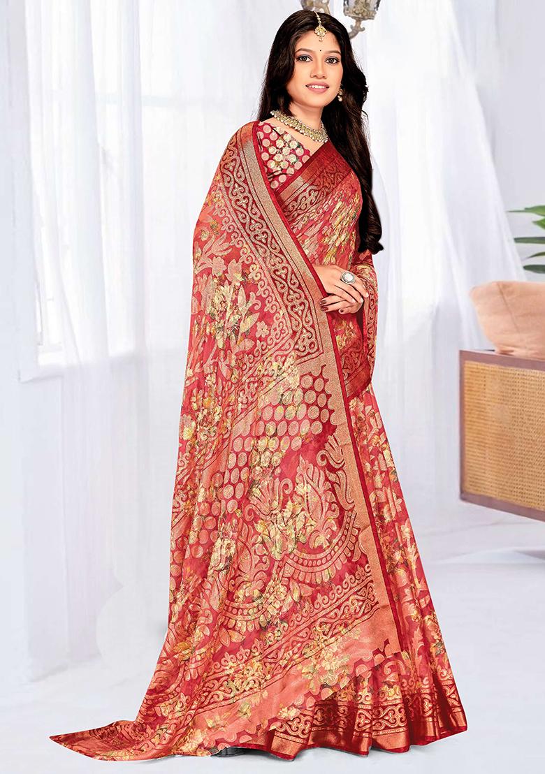 Peach Embroidered Blended Saree