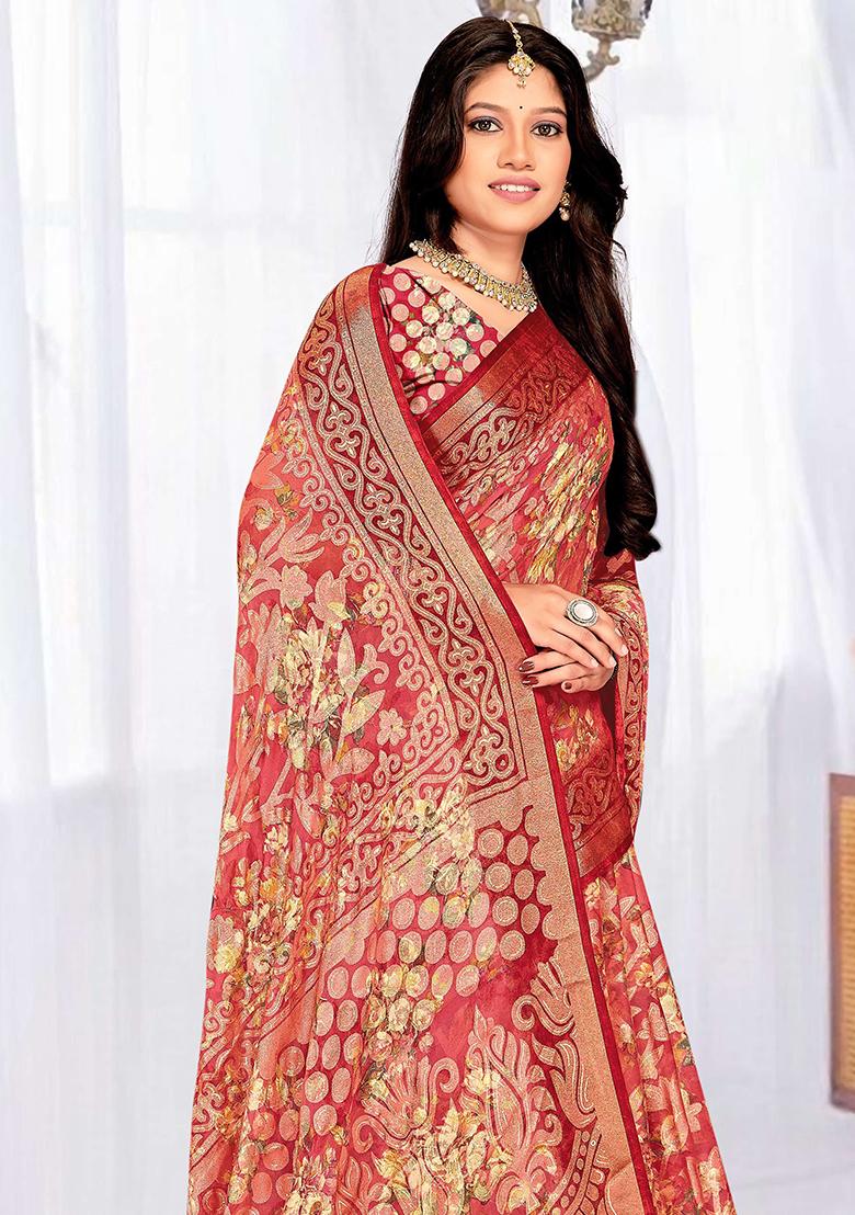 Peach Embroidered Blended Saree