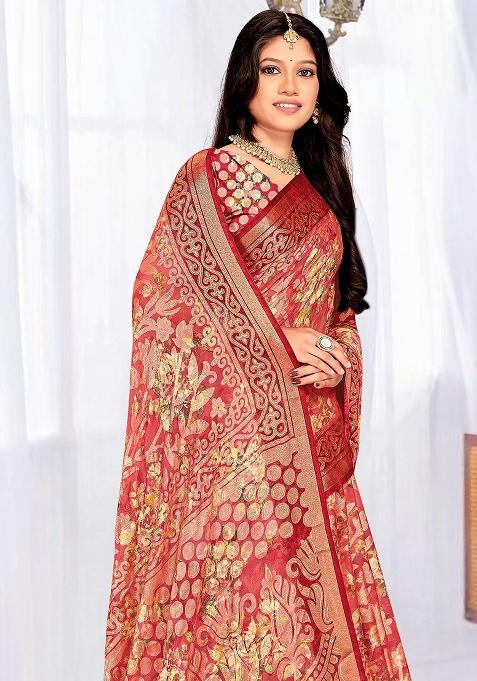 Peach Embroidered Blended Saree