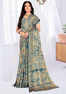 Blue Embroidered Blended Saree