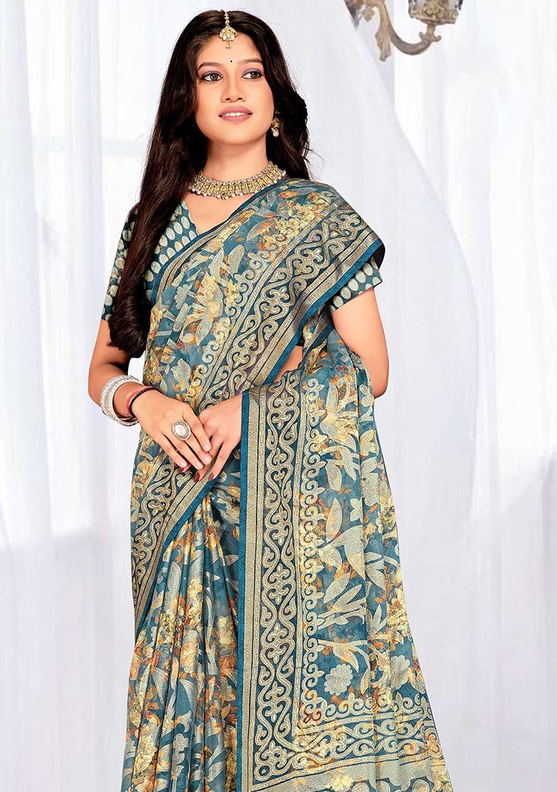 Blue Embroidered Blended Saree