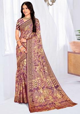 Purple Embroidered Blended Saree