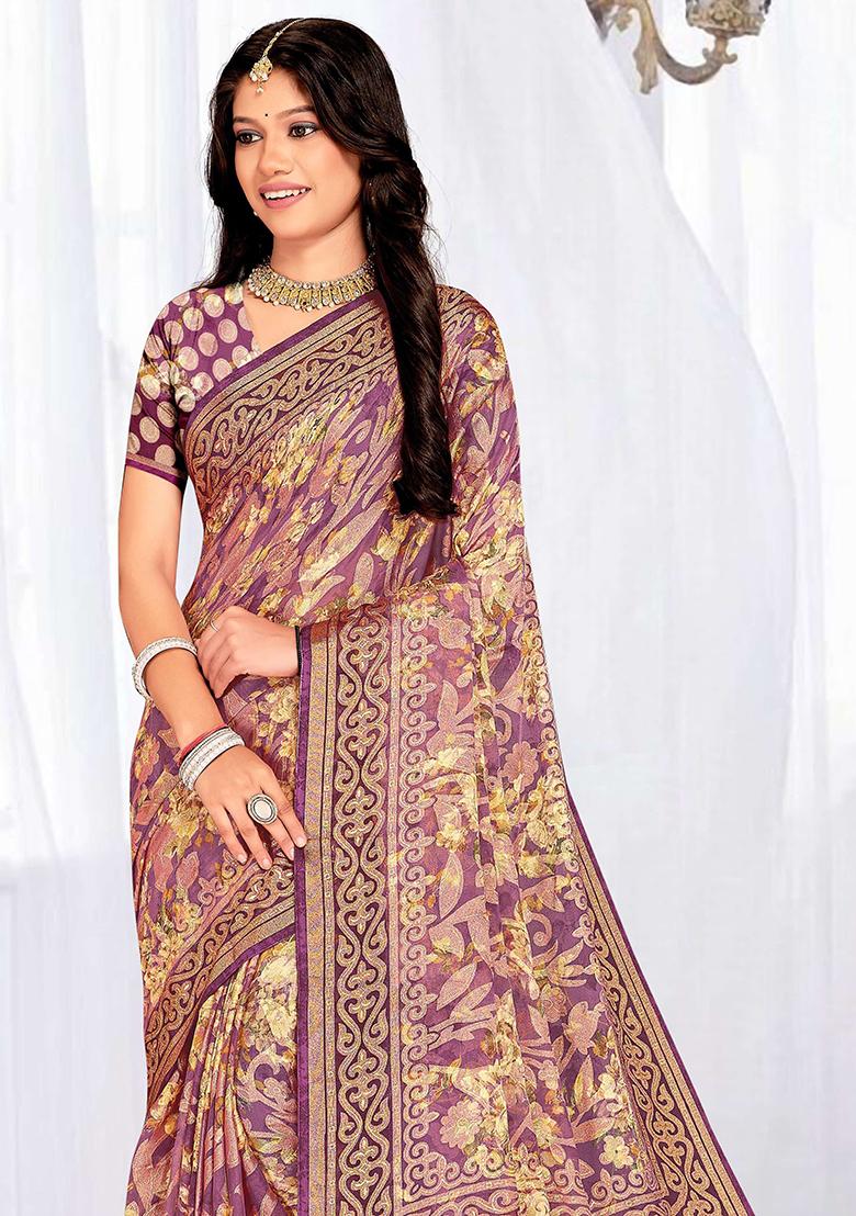 Purple Embroidered Blended Saree