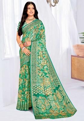 Green Embroidered Blended Saree