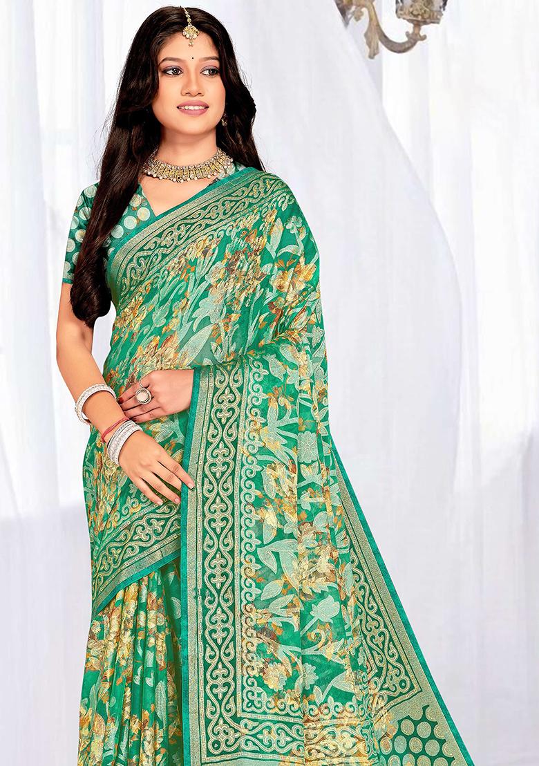 Green Embroidered Blended Saree