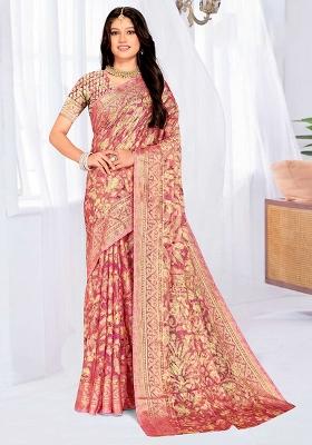 Pink Embroidered Blended Saree