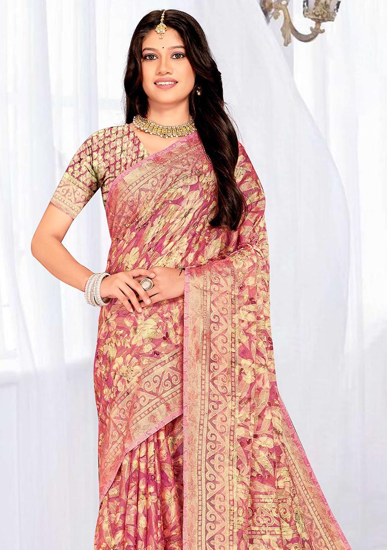 Pink Embroidered Blended Saree