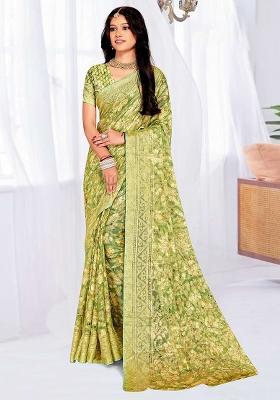 Green Embroidered Blended Saree
