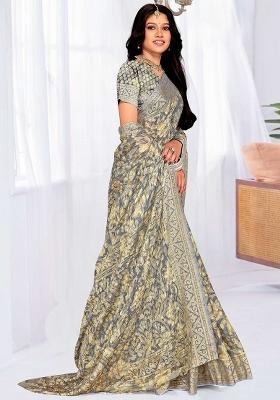Gray Embroidered Blended Saree