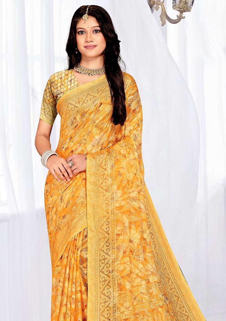 Yellow Embroidered Blended Saree