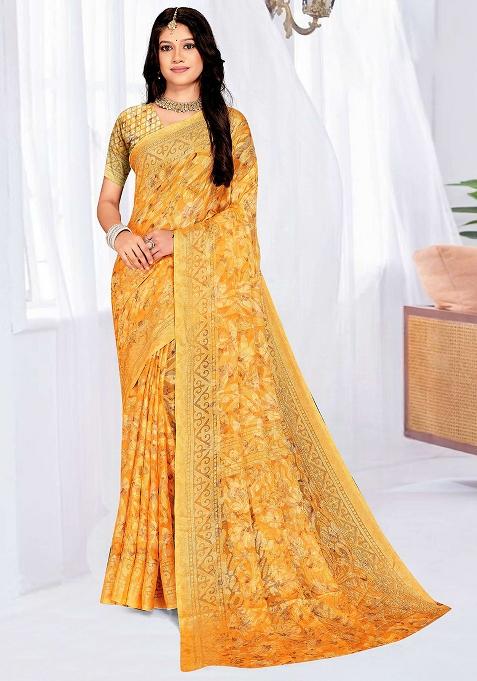 Yellow Embroidered Blended Saree