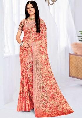 Peach Embroidered Blended Saree