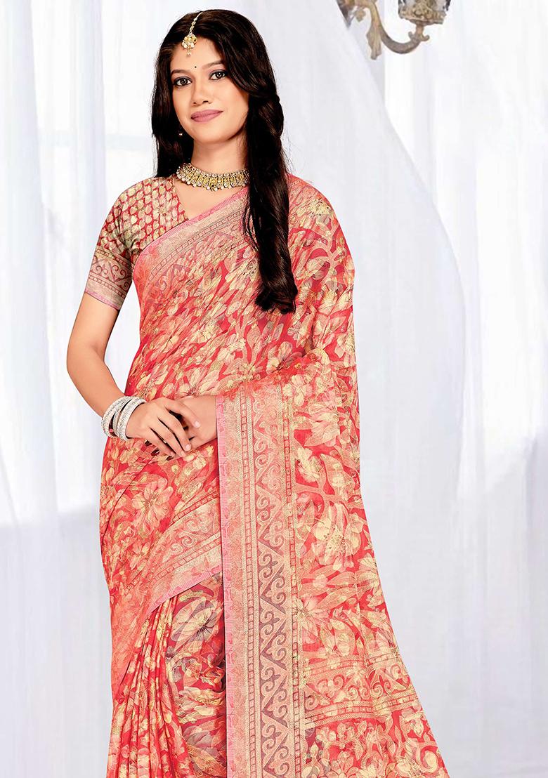 Peach Embroidered Blended Saree