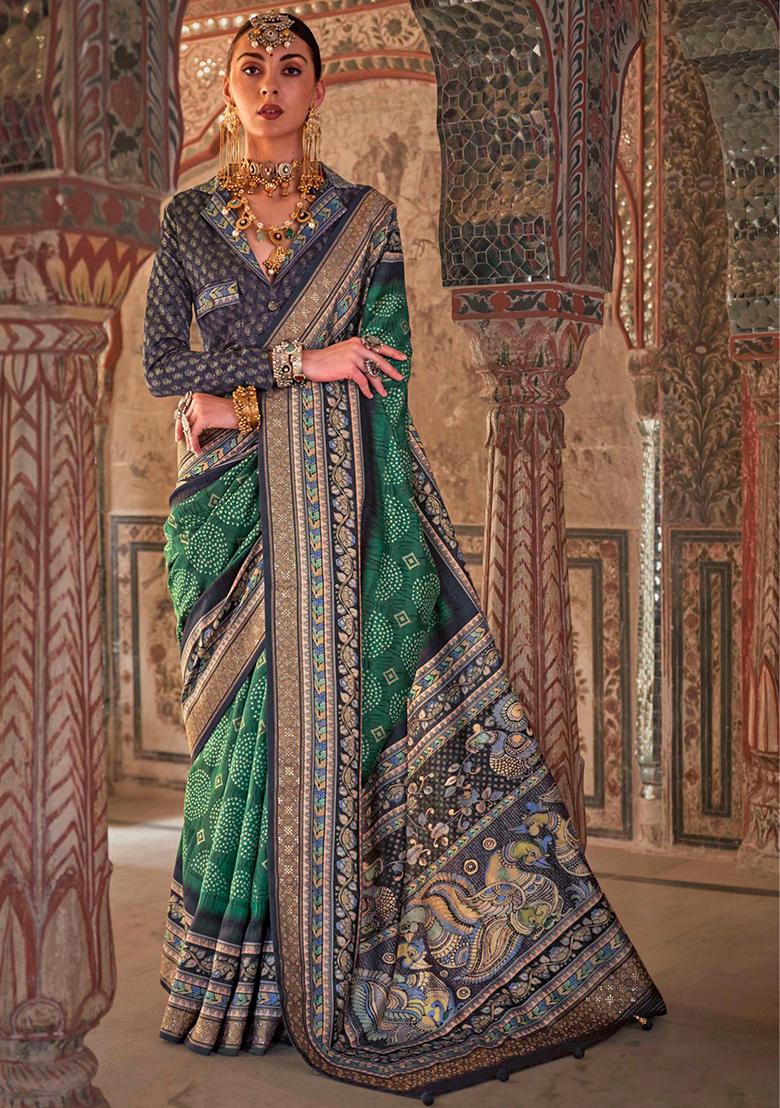 Green Printed Silk Saree