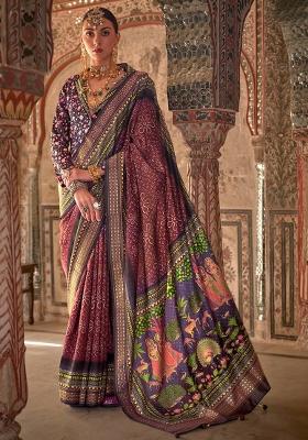 Wine Printed Silk Saree