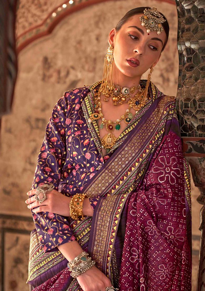 Wine Printed Silk Saree