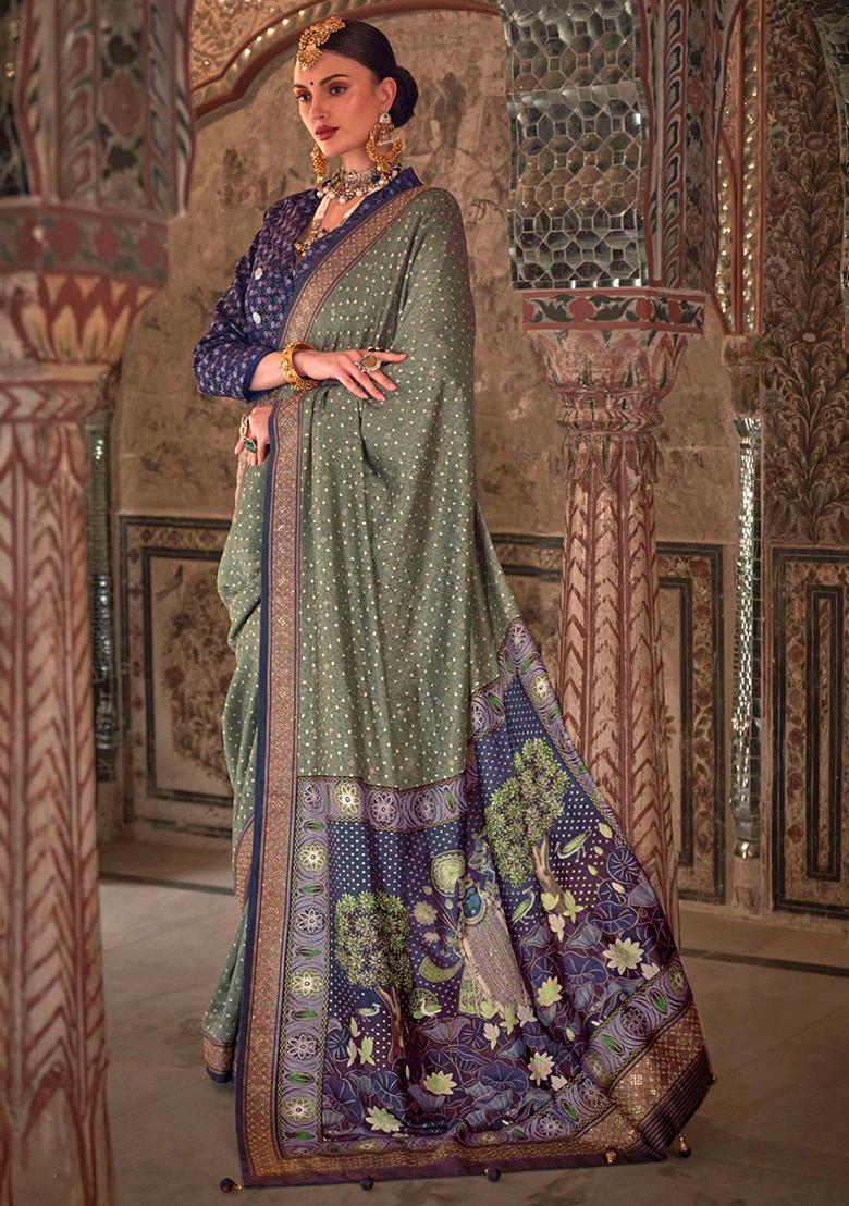 Gray Printed Silk Saree