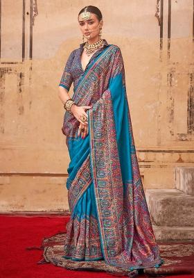 Sky Blue Embroidered Silk Saree