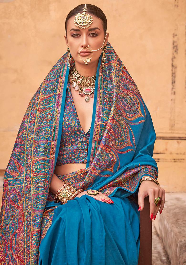 Sky Blue Embroidered Silk Saree