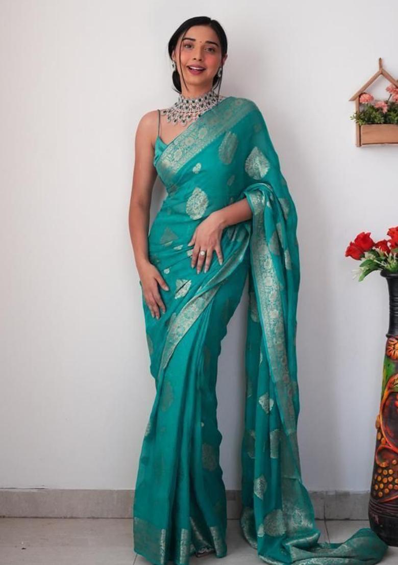 Sea Green Embroidered Linen Pre Stitched Saree Set
