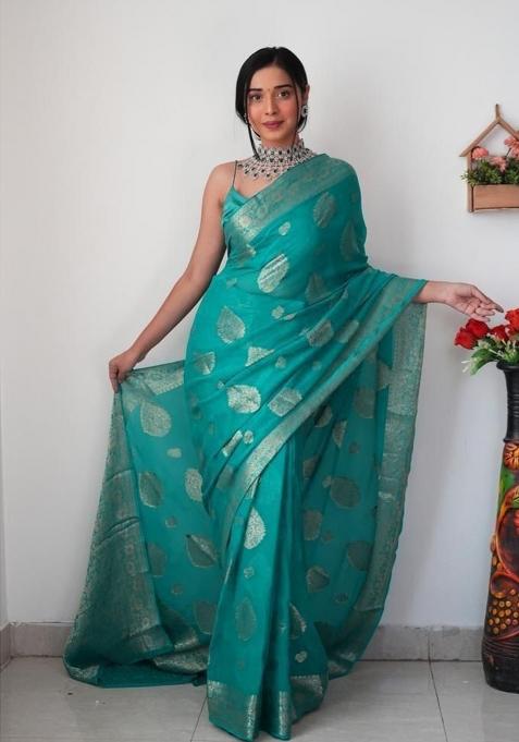 Sea Green Embroidered Linen Pre Stitched Saree Set