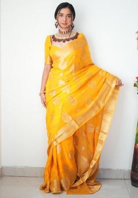Yellow Embroidered Linen Pre Stitched Saree Set