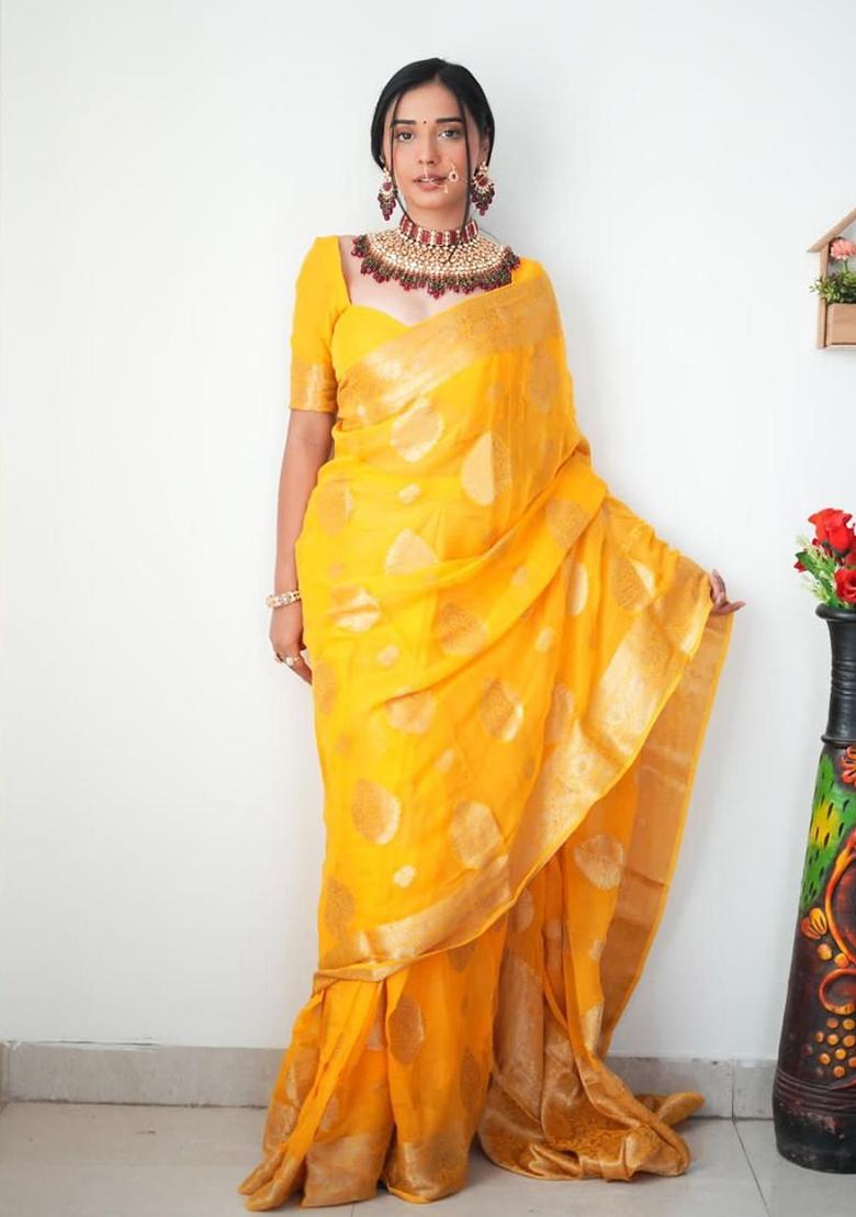 Yellow Embroidered Linen Pre Stitched Saree Set