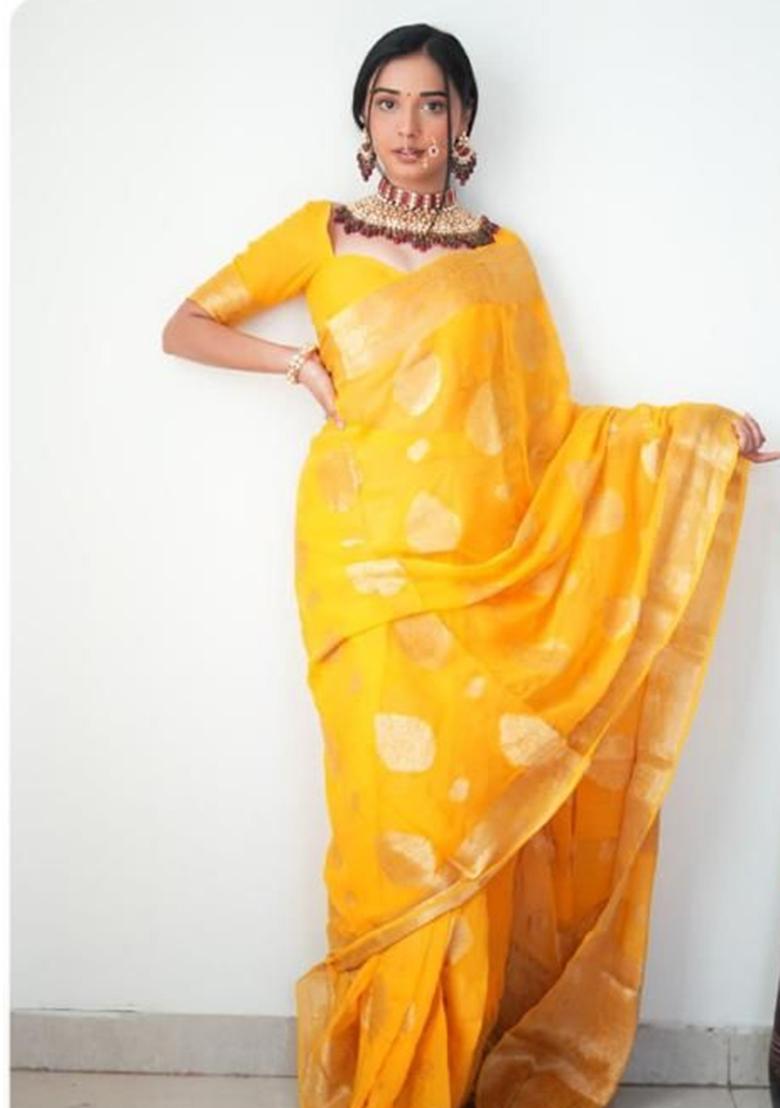 Yellow Embroidered Linen Pre Stitched Saree Set