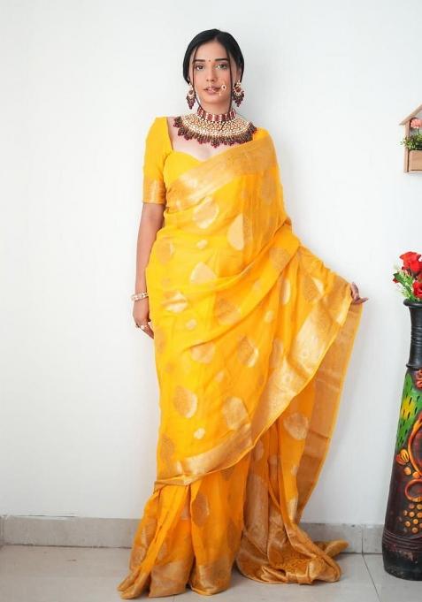 Yellow Embroidered Linen Pre Stitched Saree Set