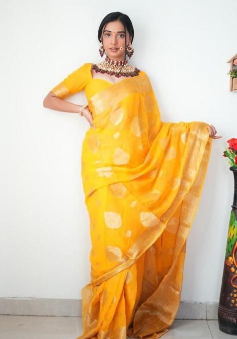 Yellow Embroidered Linen Pre Stitched Saree Set