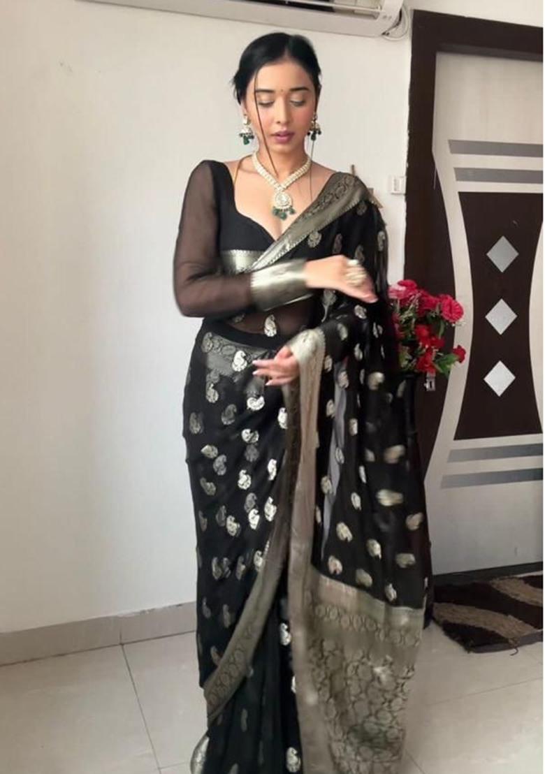 Black Embroidered Linen Pre Stitched Saree Set