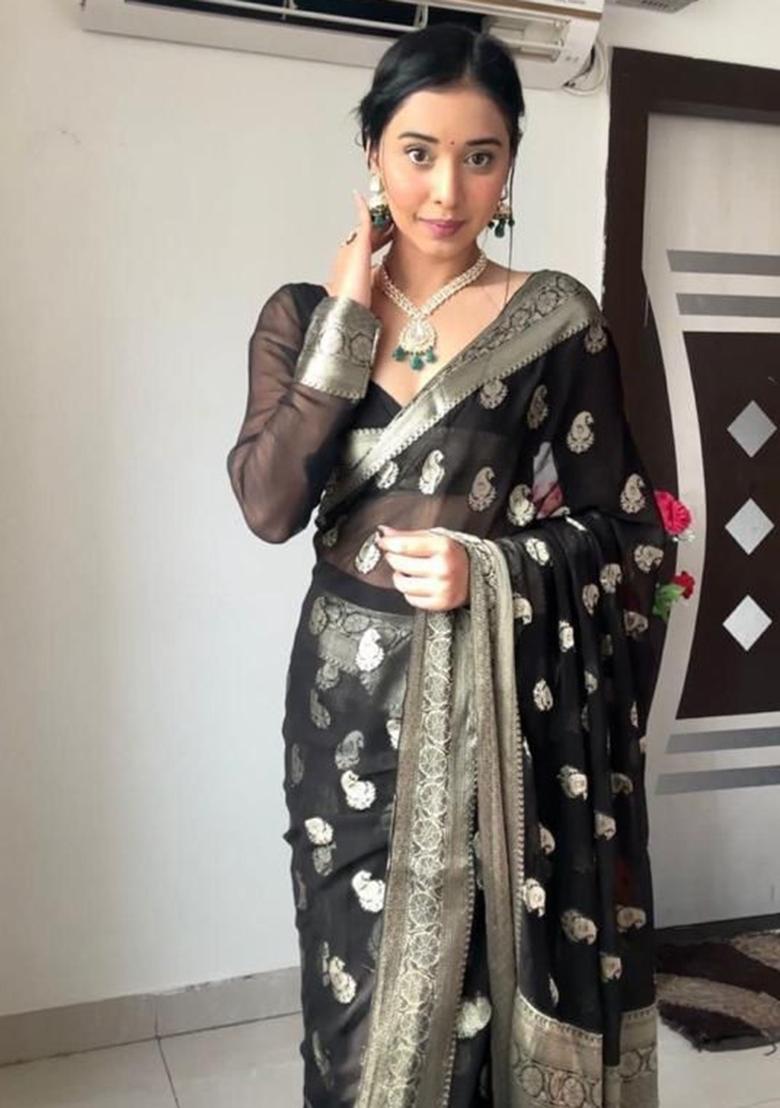 Black Embroidered Linen Pre Stitched Saree Set