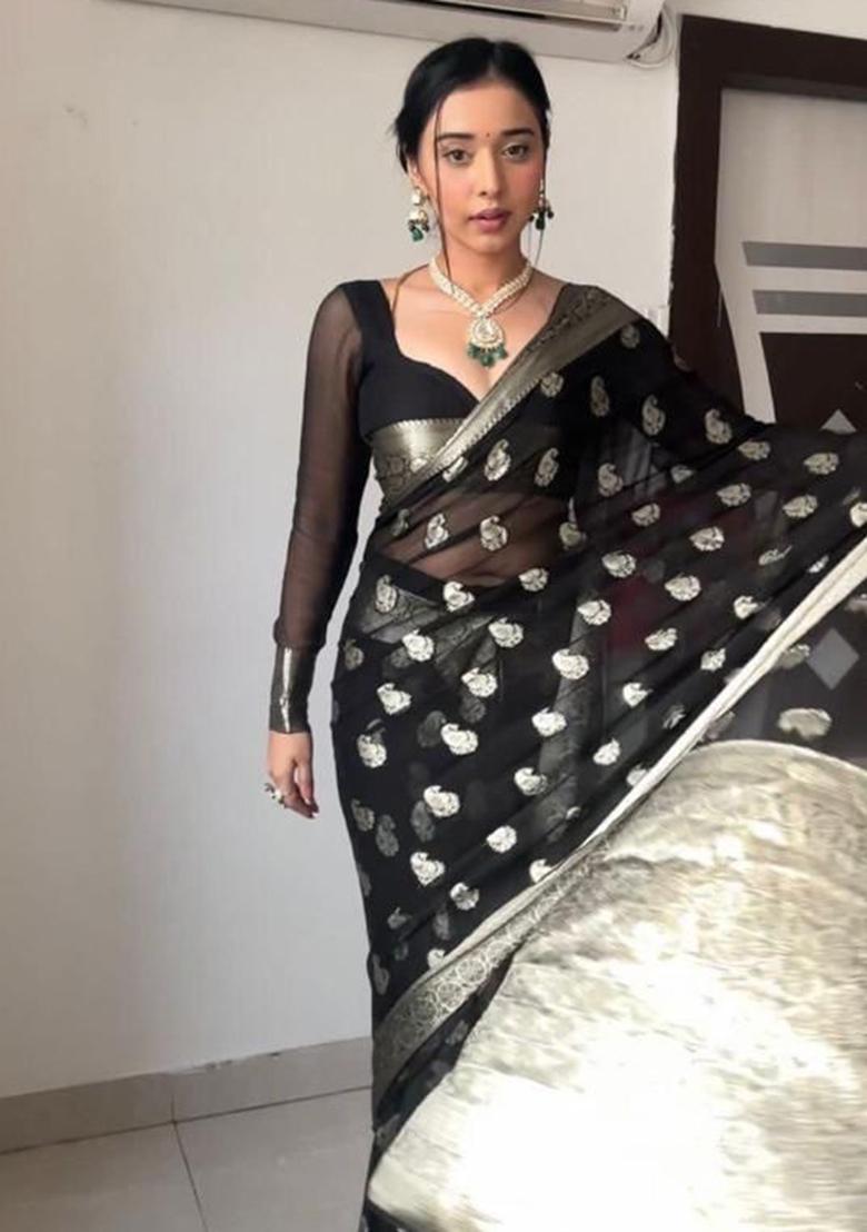Black Embroidered Linen Pre Stitched Saree Set