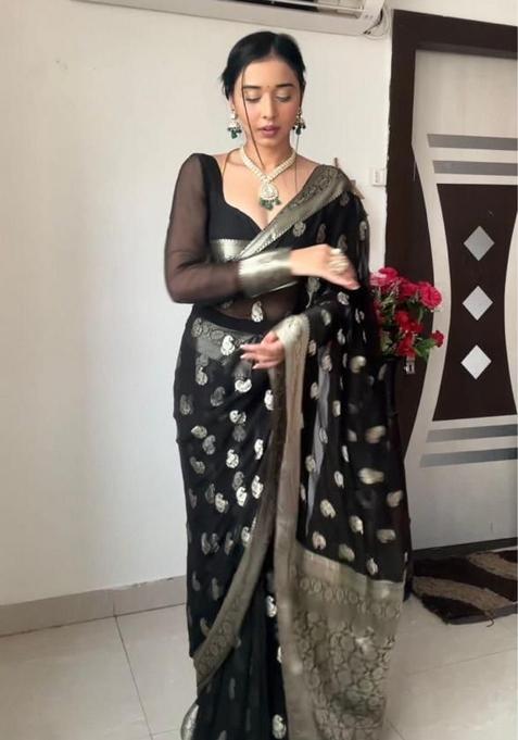 Black Embroidered Linen Pre Stitched Saree Set