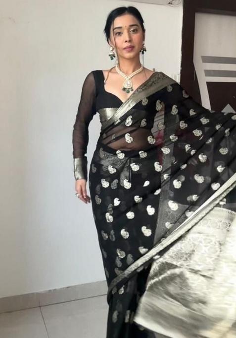 Black Embroidered Linen Pre Stitched Saree Set