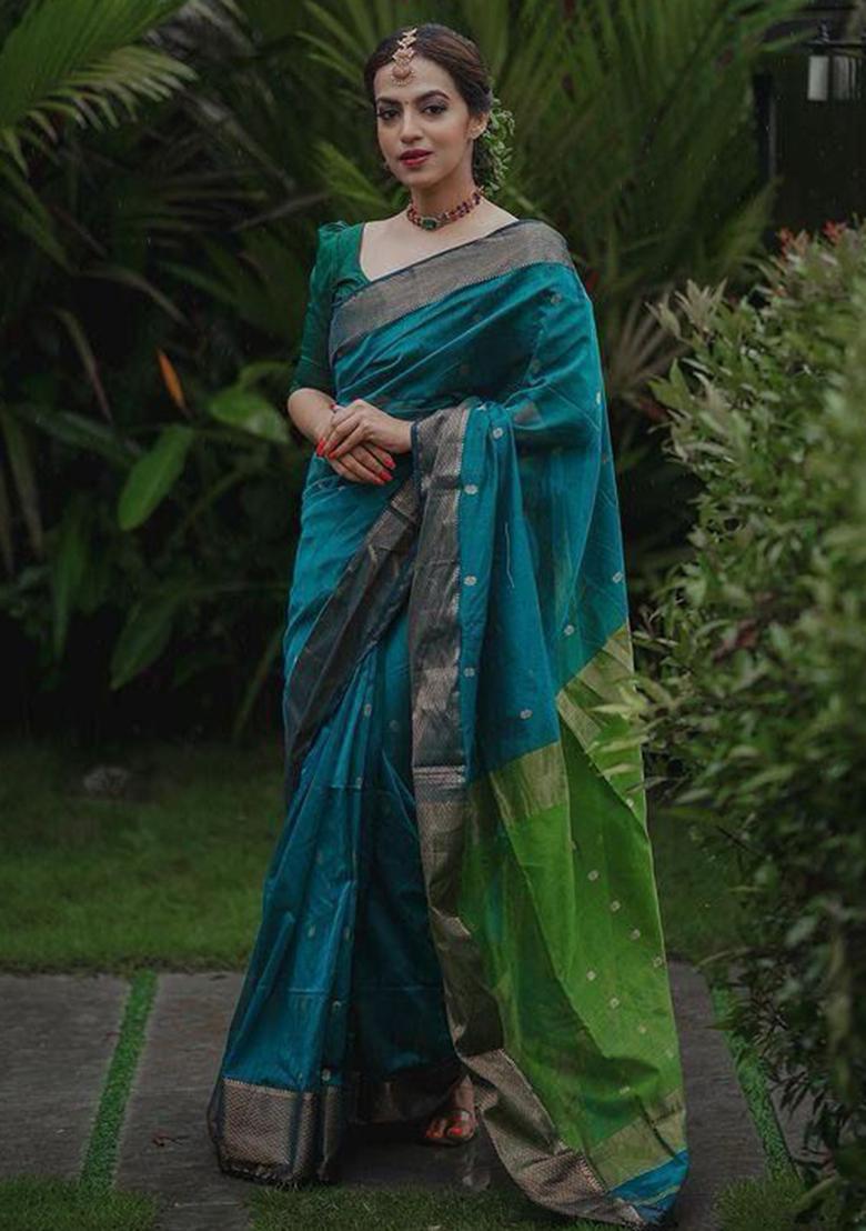 Teal Printed Linen Saree